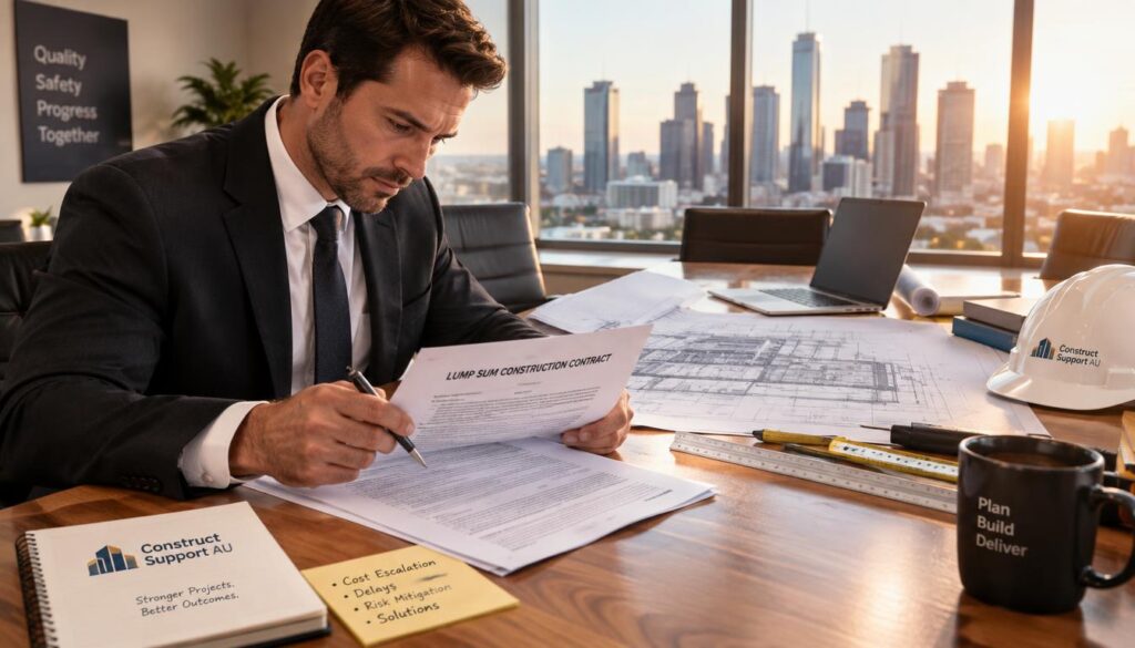 A professional builder in formal business attire, intently reviewing a detailed lump-sum construction contract, is seated at a large wooden conference table. The foreground highlights the builder's focused expression as he examines the document with a pen in hand, notes scattered around. In the middle background, a blueprint of a large construction project is visible, along with architectural tools and a laptop, indicating a serious planning phase. The background features a sunlit office space with large windows showcasing a city skyline, casting soft afternoon light, creating a warm and focused atmosphere. The branding "Construct Support AU" subtly displayed on a notepad beside the builder enhances the professional setting, conveying a mood of diligence and preparedness in the face of cost escalation and delays.